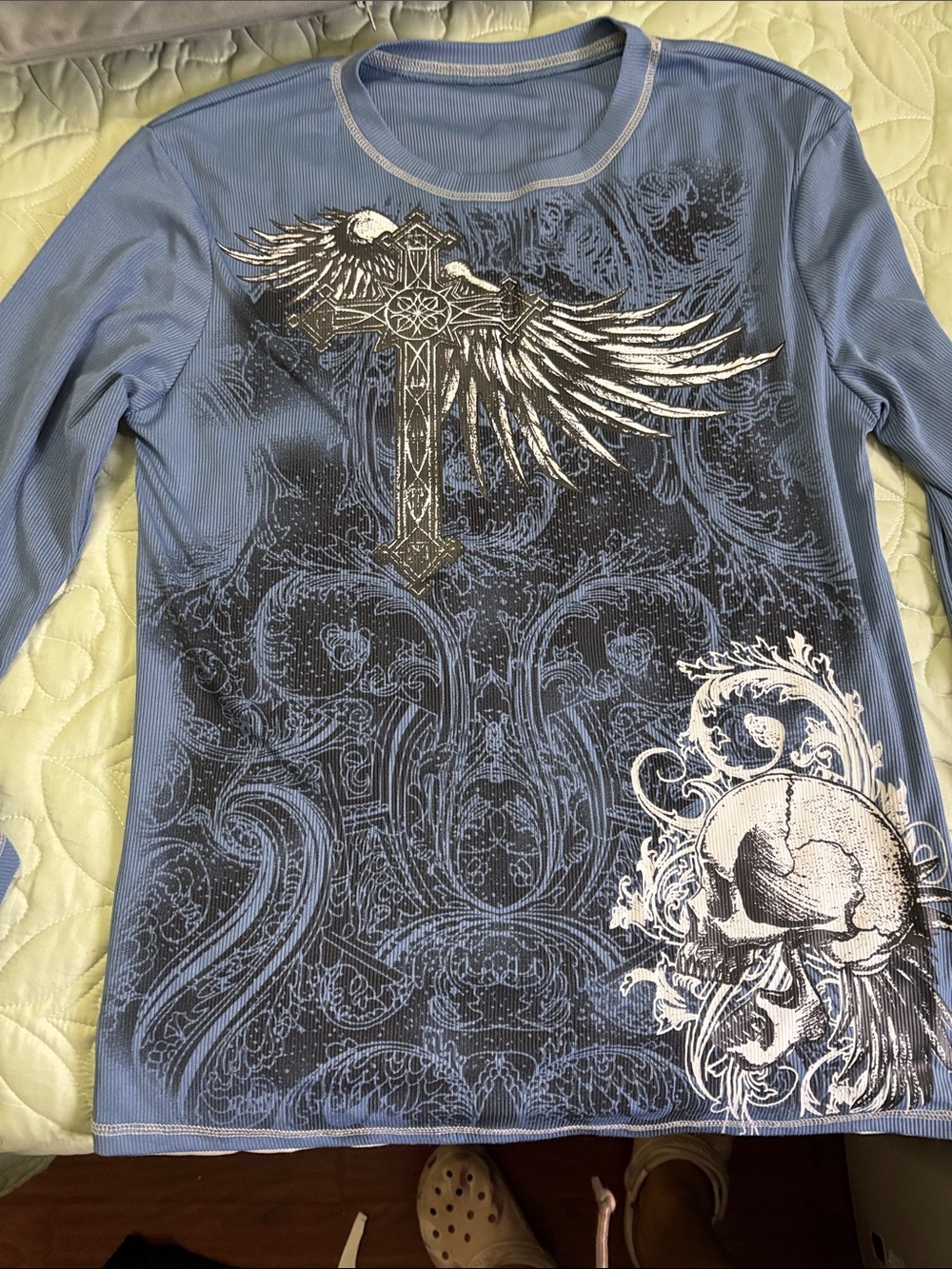 Forever 21 Blue Graphic Long-Sleeve Tee with Cross, Wings & Skull